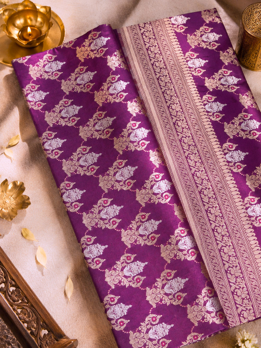 Bright Magenta Pure Katan Silk Saree Khaddi With Gold & Silver Zari Tilfi Meenakari Jaal