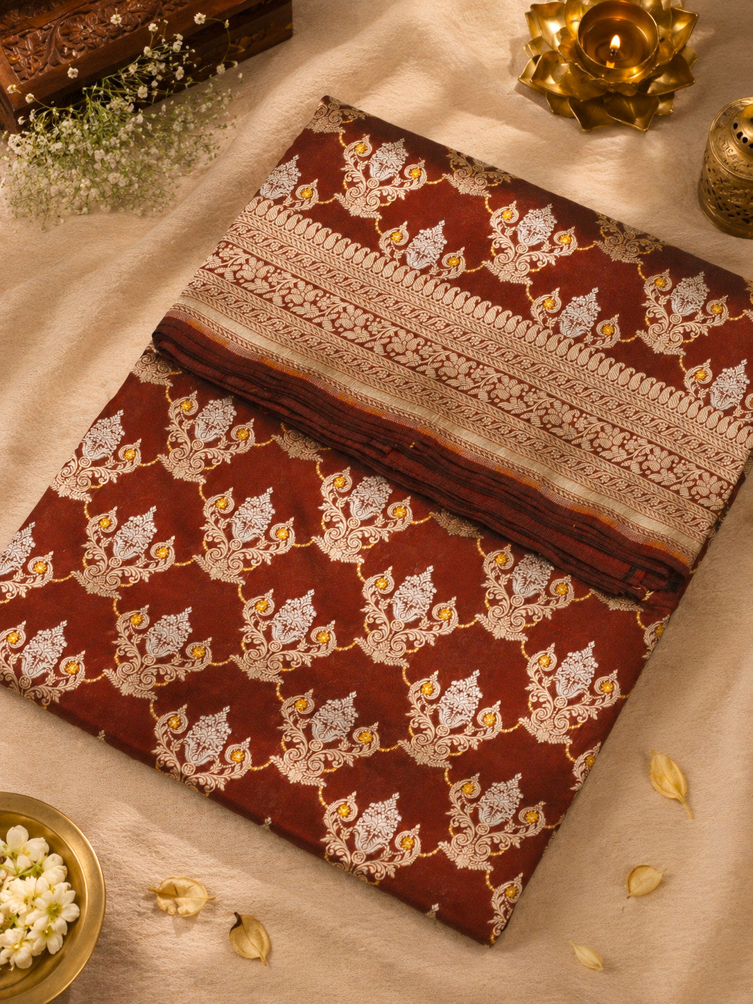 Dark Maroon Pure Katan Silk Saree Khaddi With Gold & Silver Zari Tilfi Meenakari Jaal