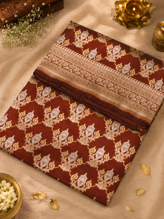 Dark Maroon Pure Katan Silk Saree Khaddi With Gold & Silver Zari Tilfi Meenakari Jaal