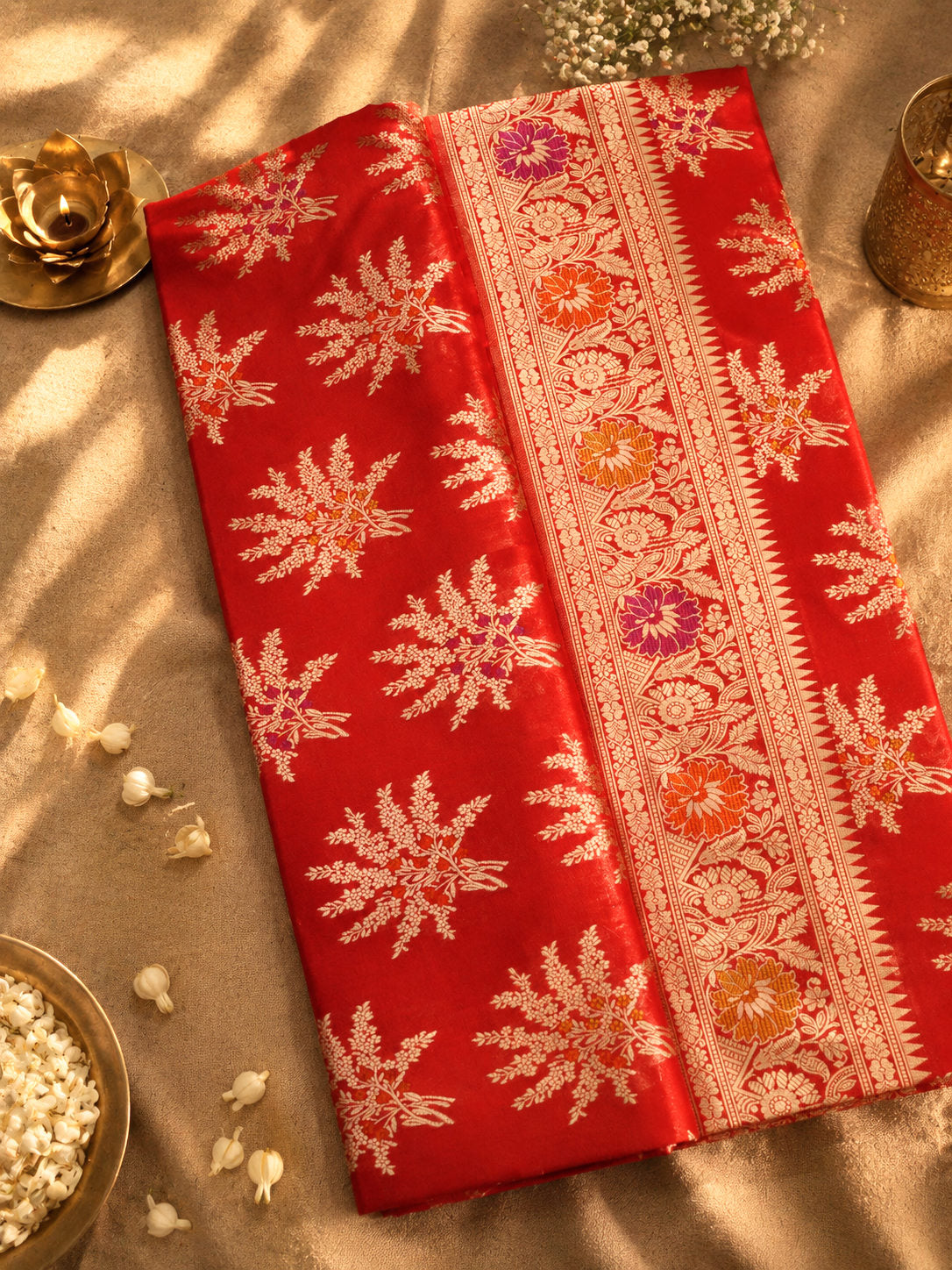 Bright Red Pure Katan Silk Khaddi Saree with Gold Zari & Tilfi Meenakari Jaal