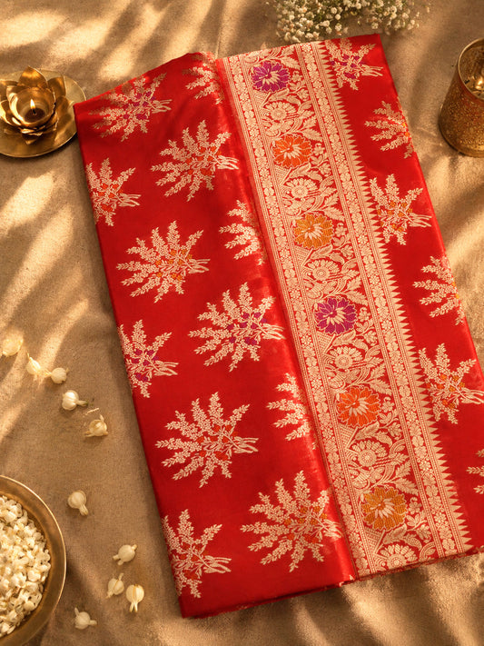 Bright Red Pure Katan Silk Khaddi Saree with Gold Zari & Tilfi Meenakari Jaal