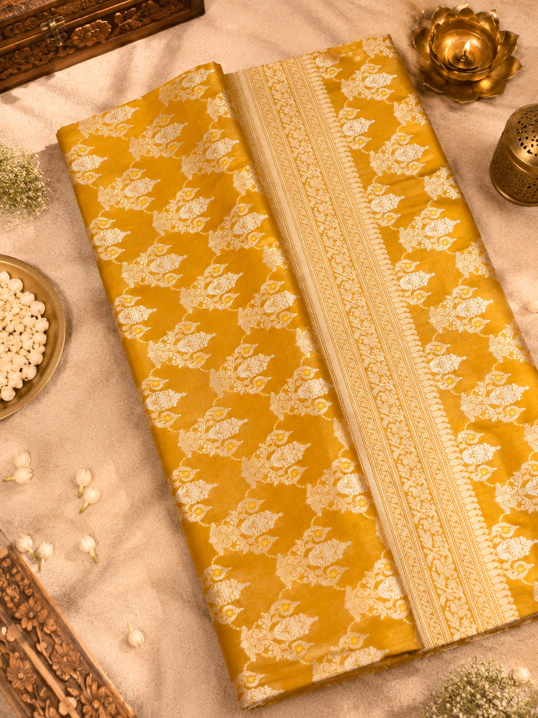 Mustard Yellow Pure Katan Silk Saree Khaddi  With Gold & Silver Zari Tilfi Meenakari Jaal