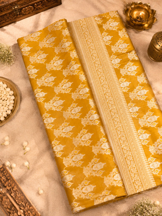 Mustard Yellow Pure Katan Silk Saree Khaddi  With Gold & Silver Zari Tilfi Meenakari Jaal