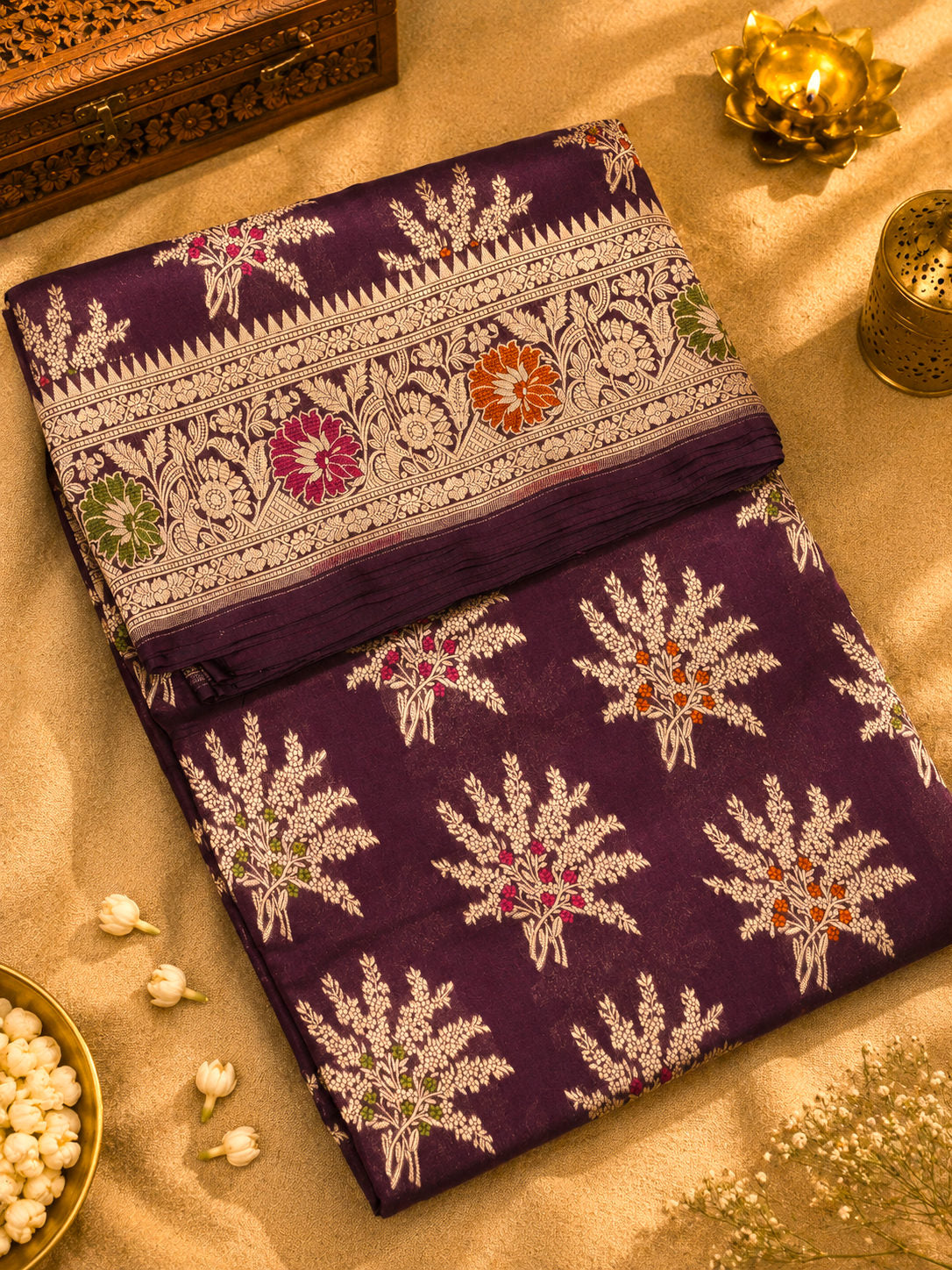Garnet Pure Katan Silk Khaddi Saree with Gold Zari & Tilfi Meenakari Jaal