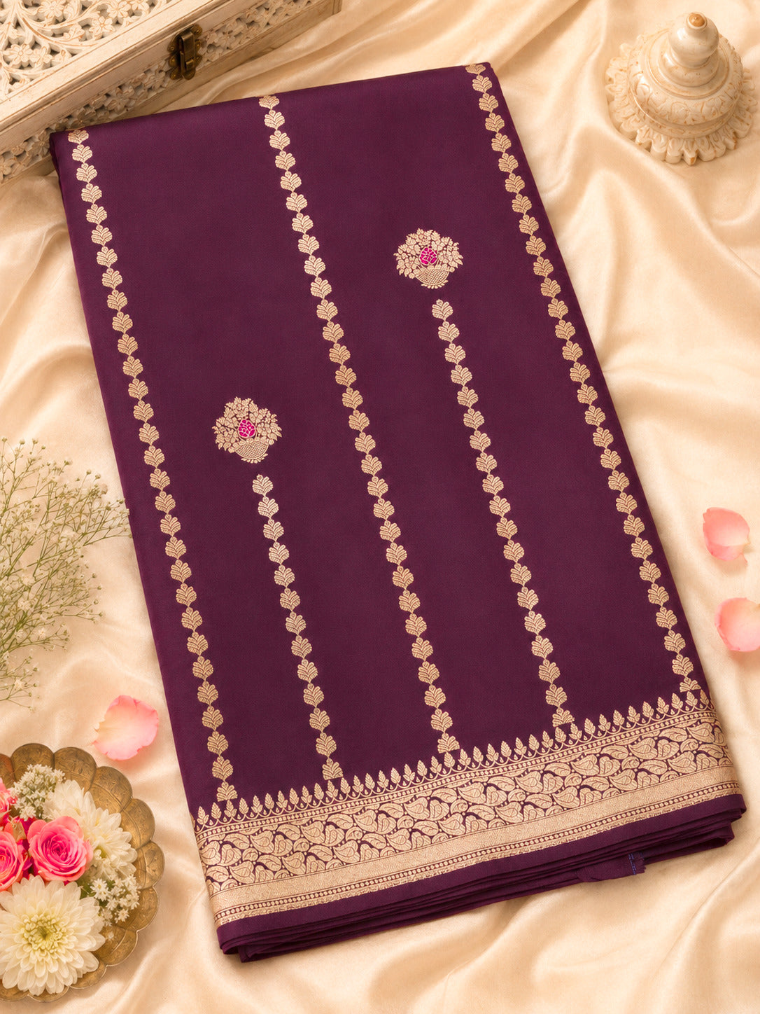 Garnet Pure Katan Silk Handloom Saree with Kadhwa Aadha Gold Zari Meenakari Guldasta Buti