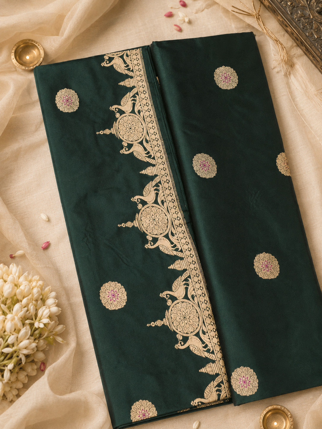 Pure Katan Silk Bottle Green Banarasi Exquisitely woven with intricate Kadhwa Gold and Silver Zari Butis & - ZARISPIRE