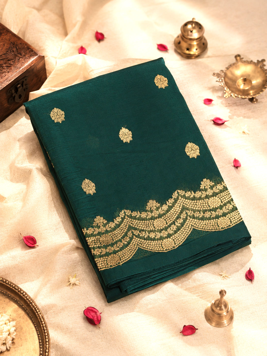 Bottle Green Pure Kora Organza Silk Handloom Saree with Kadhwa Gold Zari Buti & Scallop Border