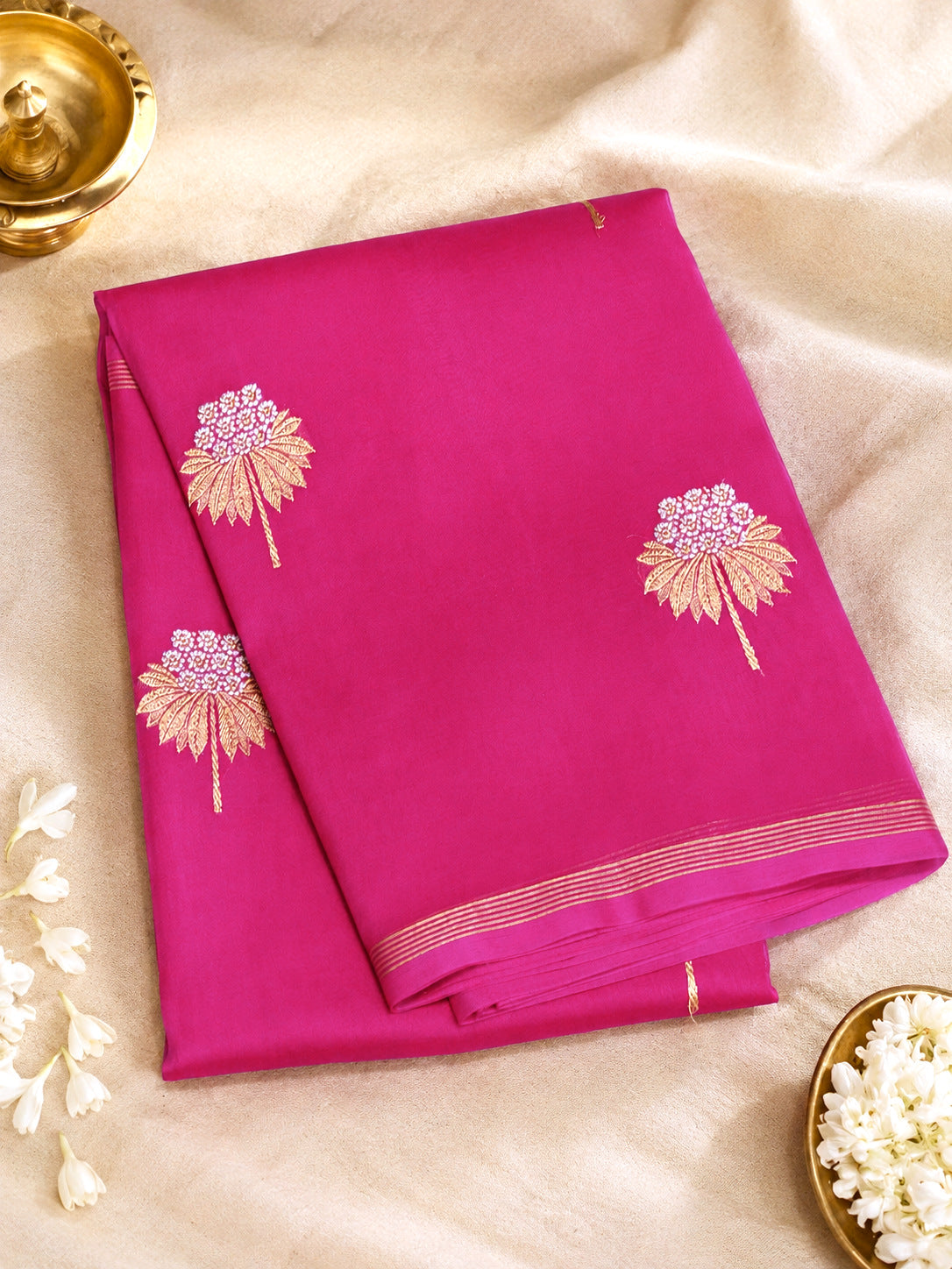 Rani Pink Pure Kora Organza Silk Handloom Saree with Kadhwa Gold & Silver Zari Buti