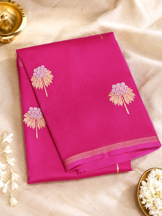 Rani Pink Pure Kora Organza Silk Handloom Saree with Kadhwa Gold & Silver Zari Buti