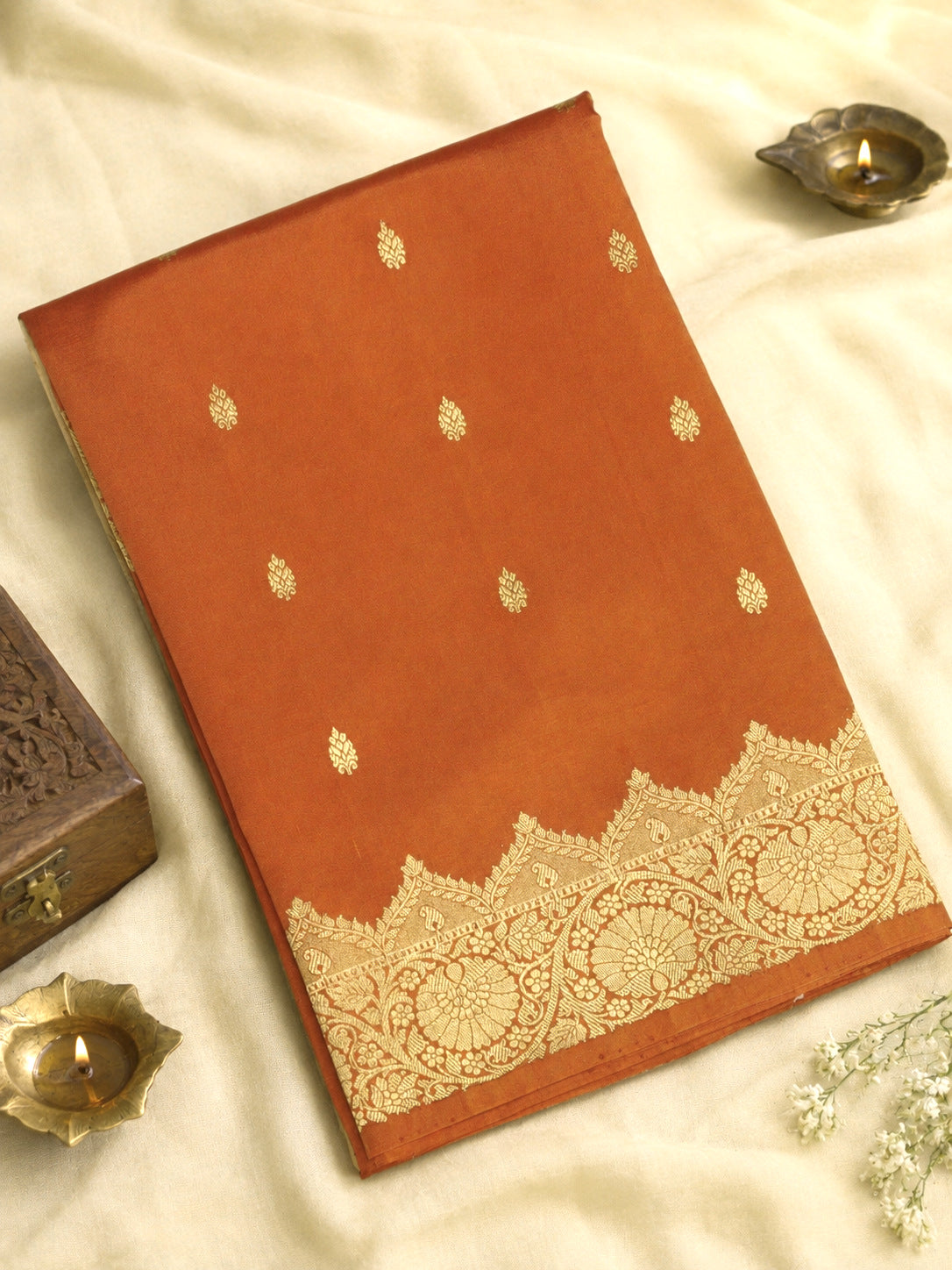 Rust Orange Pure Katan Silk Handloom Saree Kadhwa Zari Scallop  Border & Buti