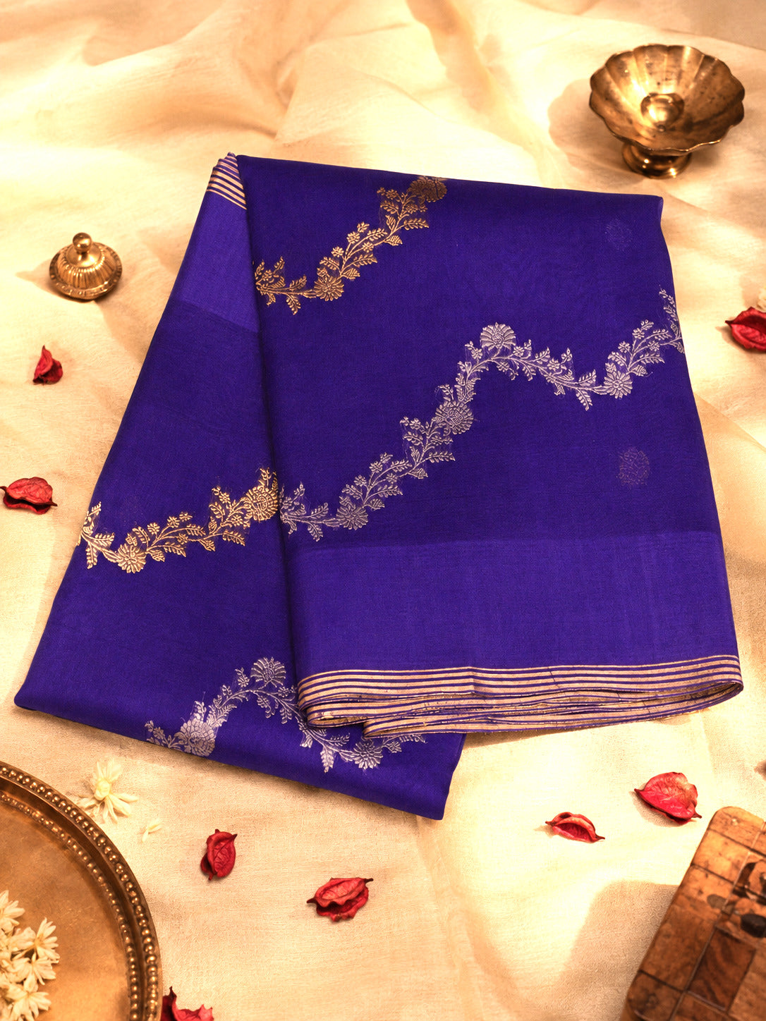 Uda Purple Pure Kora Organza Silk Handloom Saree with Kadhwa Gold & Silver Zari Aadha Jaal