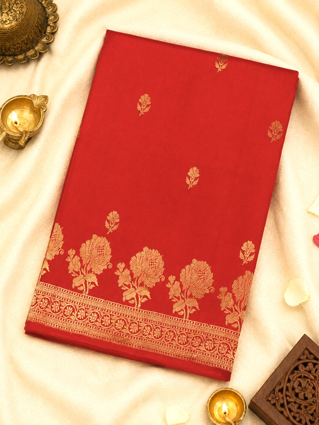 Red Pure Katan Silk Handloom Saree with Kadhwa Zari Motif Fancy Border & Buti