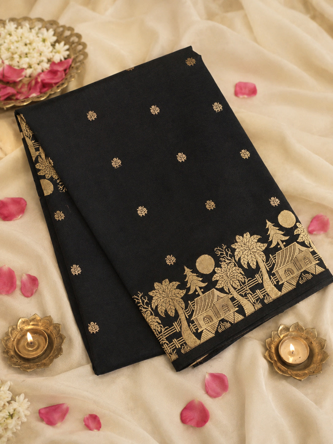 Black Pure Katan Silk Handloom Saree with Kadhwa Zari Motif Fancy Border & Buti