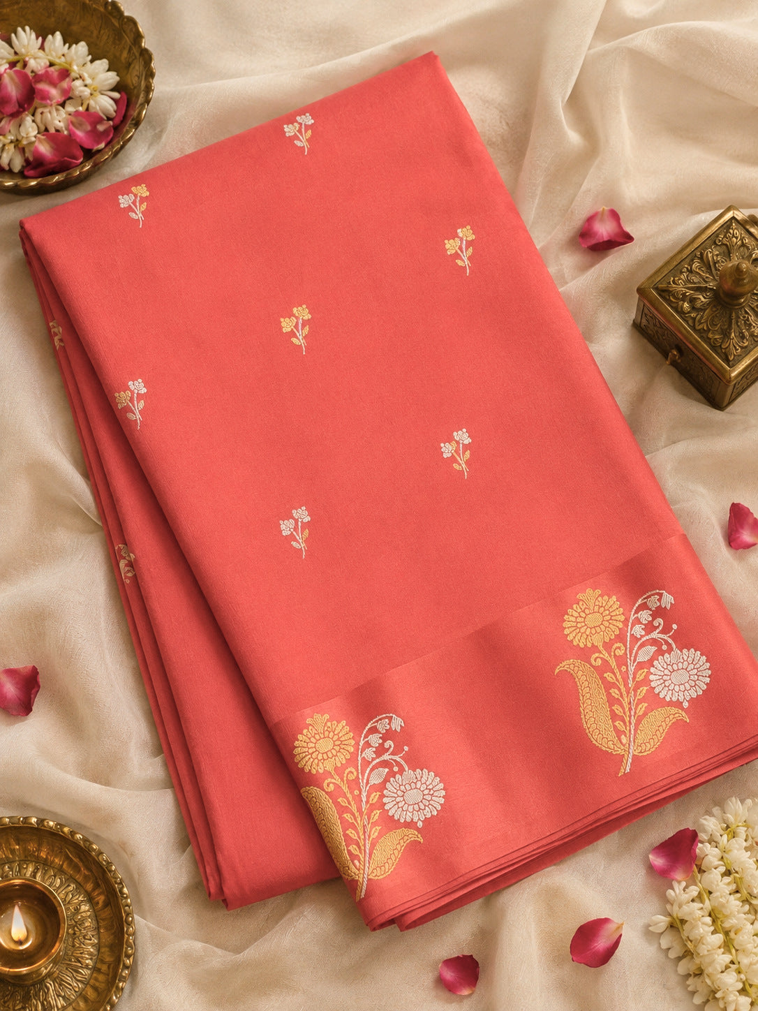 Peach Pink Katan Silk Handloom Saree with Kadhwa Zari Buta Satin Border & Buti