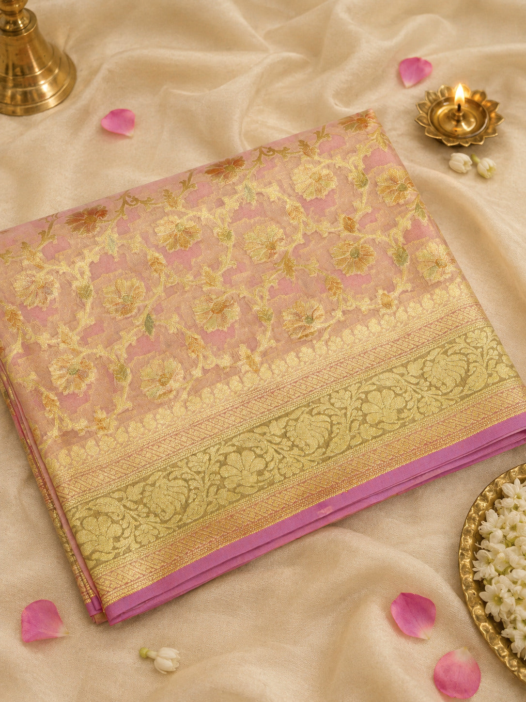 Baby Pink Pure Khaddi Georgette Silk Saree with Hand Brush Woven & Water Reshmi Zari