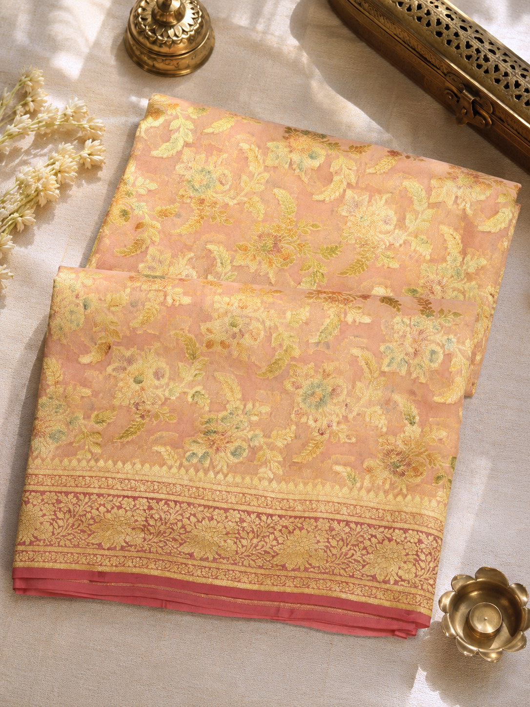 Peach Pink Pure Khaddi Georgette Silk Saree with Hand Brush Woven & Water Reshmi Zari