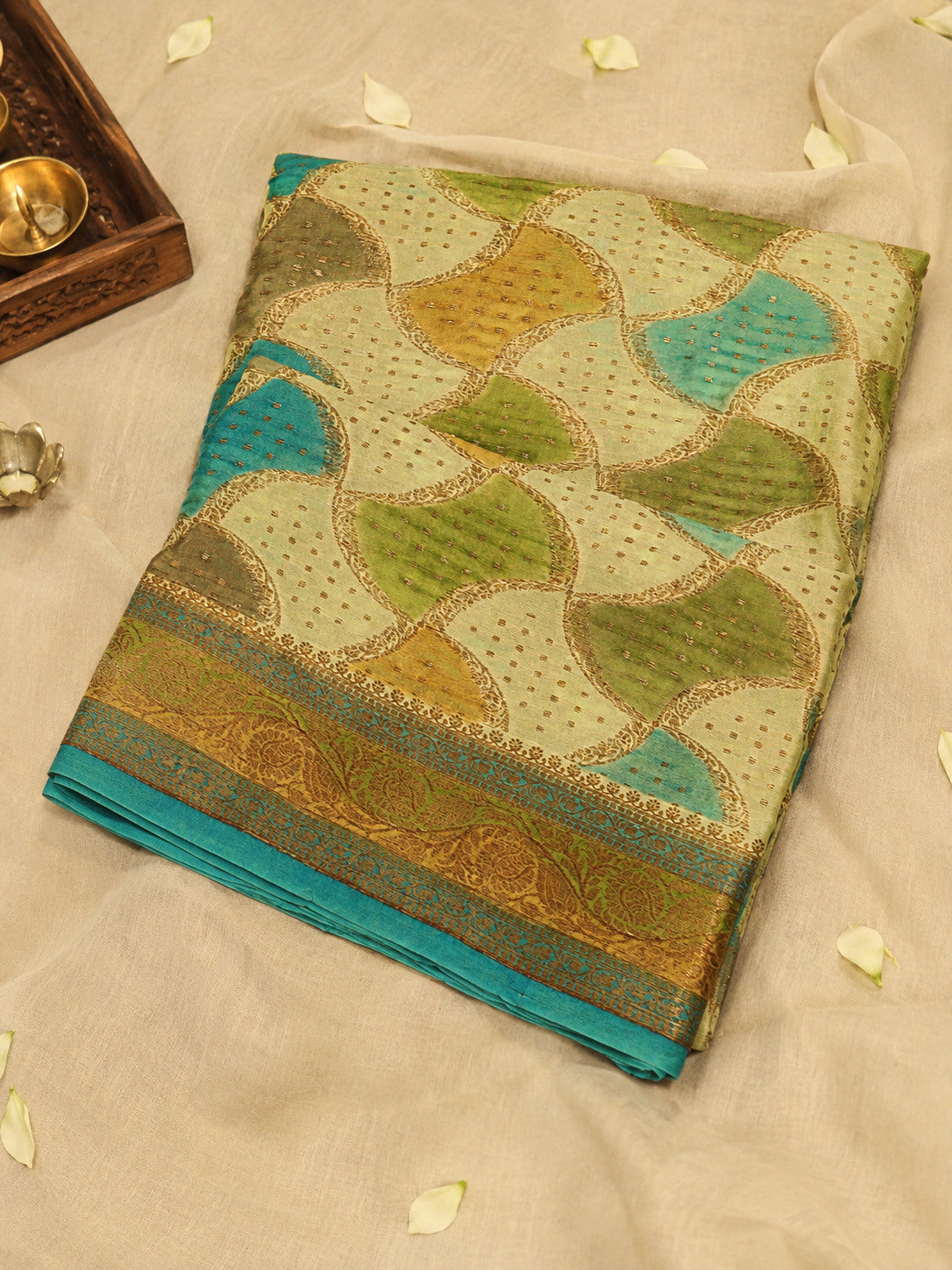 Multicolor Pista Pure Georgette Silk Saree with Hand Brush Work & Antique Zari Weaving