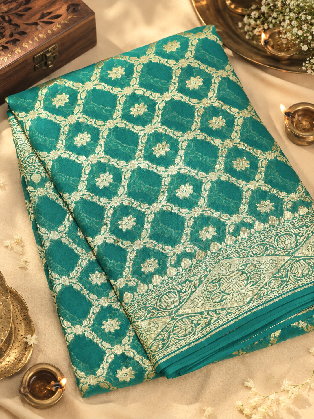 Emerald Green Pure Khaddi Georgette Silk Saree with Water Reshmi Zari Weaving