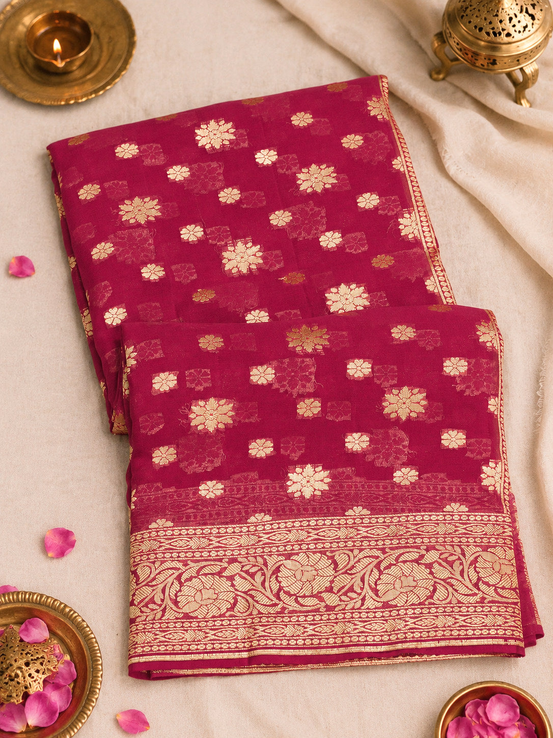 Raspberry Pink Pure Khaddi Georgette Silk Saree with Water Reshmi Zari Weaving