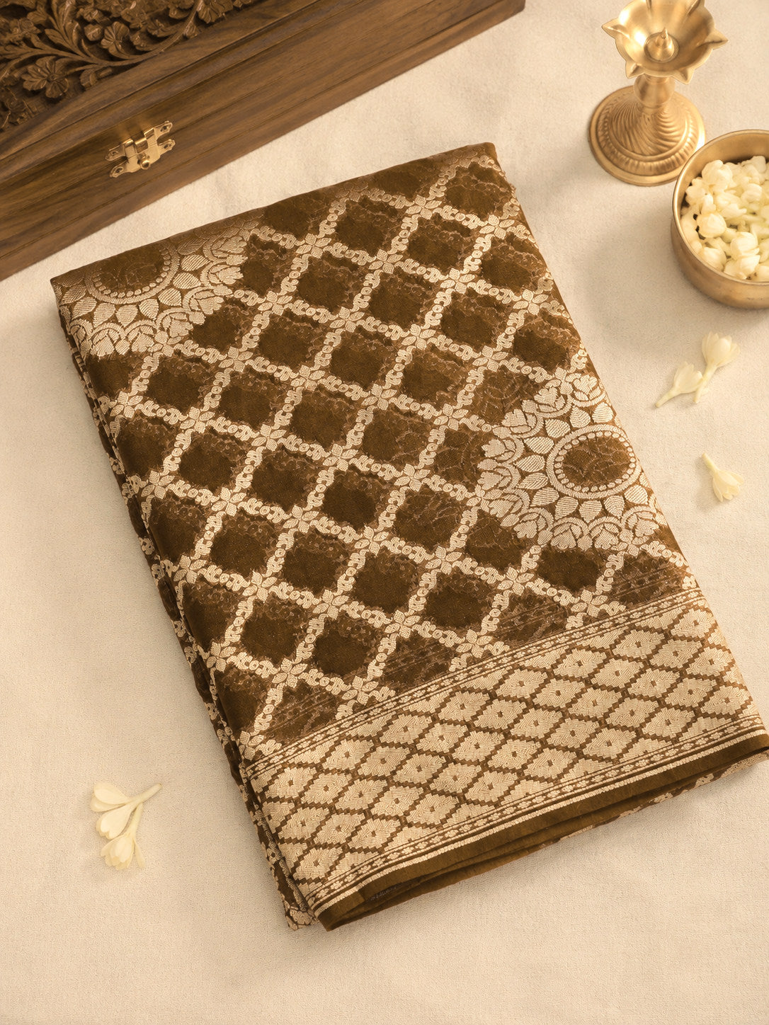 Olive Brown Pure Khaddi Georgette Silk Saree with Water Reshmi Zari Weaving