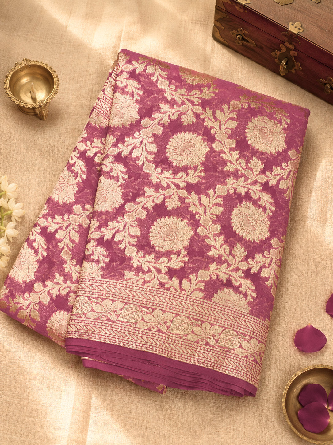 Deep Rose Pink Pure Khaddi Georgette Silk Saree with Water Reshmi Zari Weaving