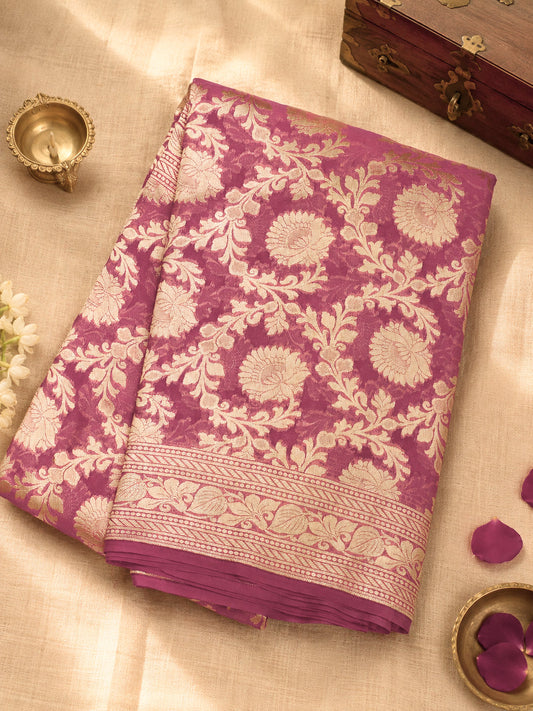 Deep Rose Pink Pure Khaddi Georgette Silk Saree with Water Reshmi Zari Weaving