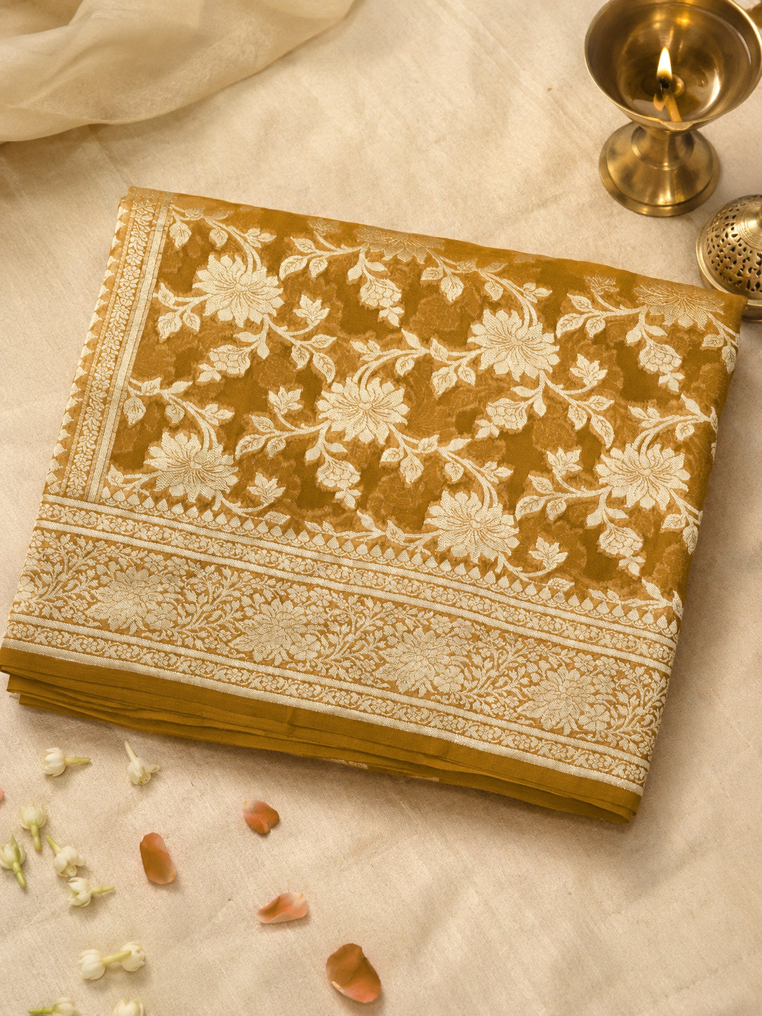 Honey Mustard Pure Khaddi Georgette Silk Saree with Water Reshmi Zari Weaving