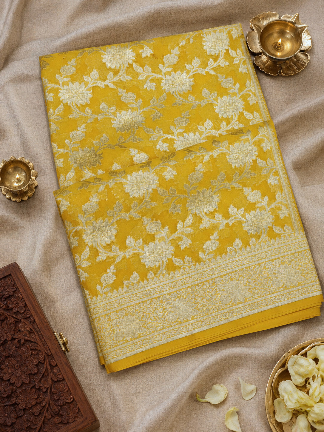 Yellow Pure Khaddi Georgette Silk Saree with Water Reshmi Zari Weaving
