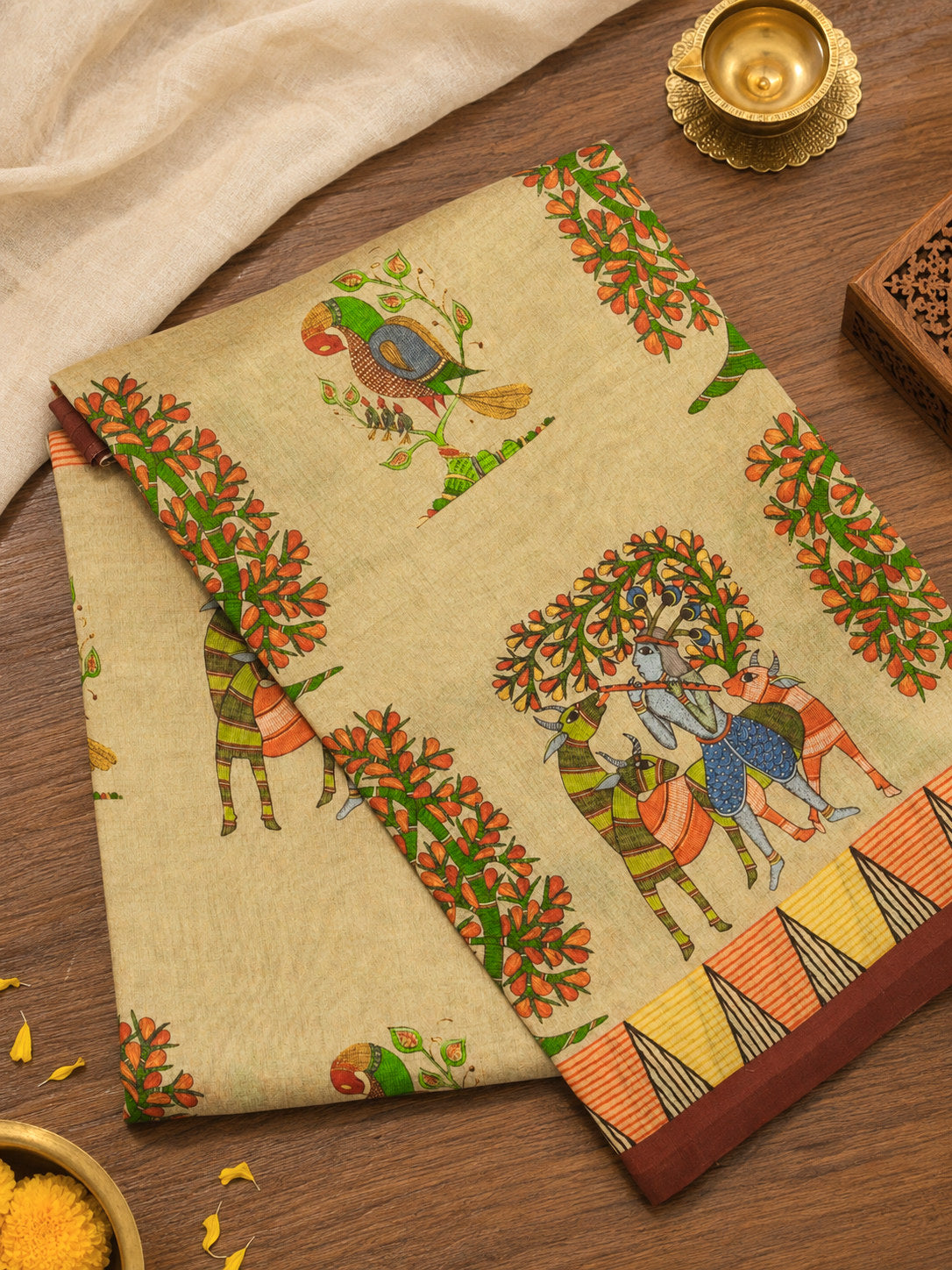 Tussar Pure Silk Pure Silk Mul Cotton Chanderi Saree with Intricate Digital Print