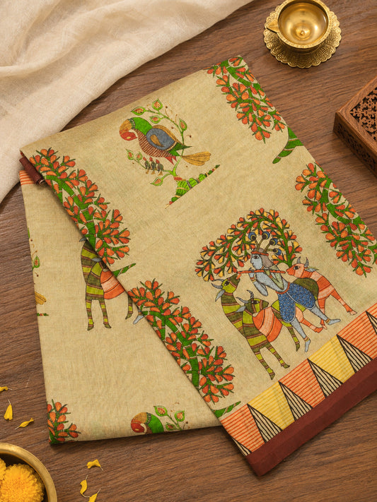 Tussar Pure Silk Pure Silk Mul Cotton Chanderi Saree with Intricate Digital Print