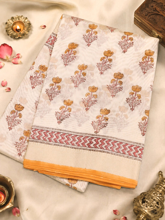 White Silk Cotton Chanderi Maheshwari Banarasi Block Print Saree Designer Zari Border