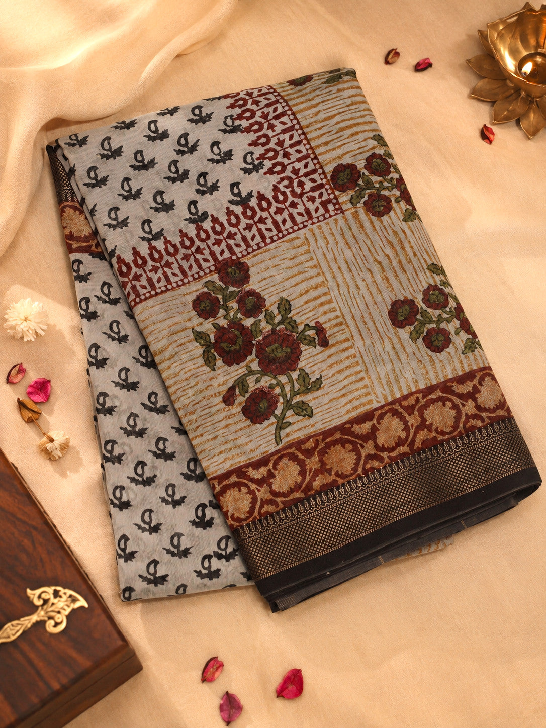 Blue Silk Cotton Chanderi Maheshwari Banarasi Block Print Saree Designer Zari Border