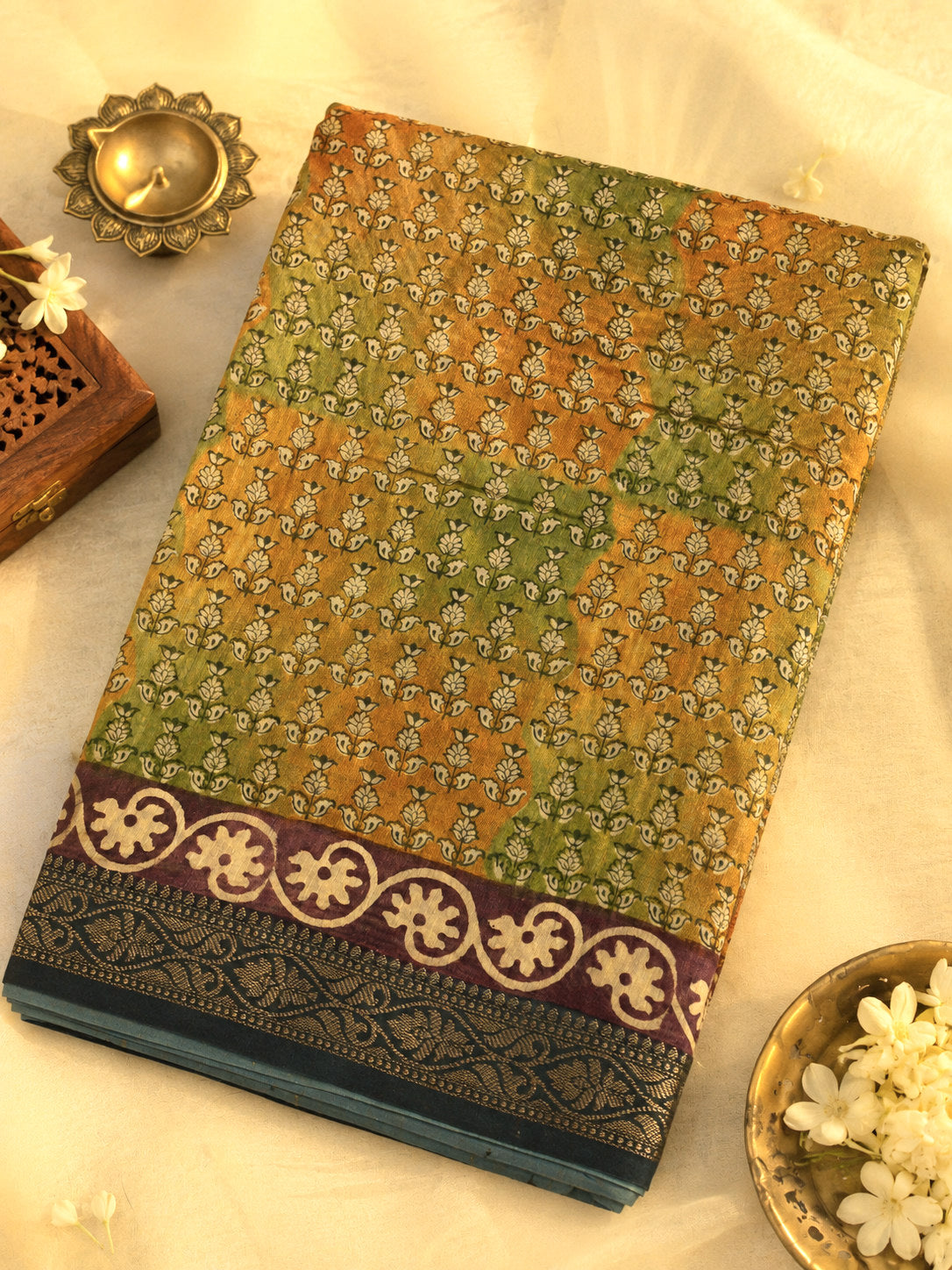 Green Pure Silk Cotton Chanderi Maheshwari Banarasi Block Print Saree Designer Zari Border