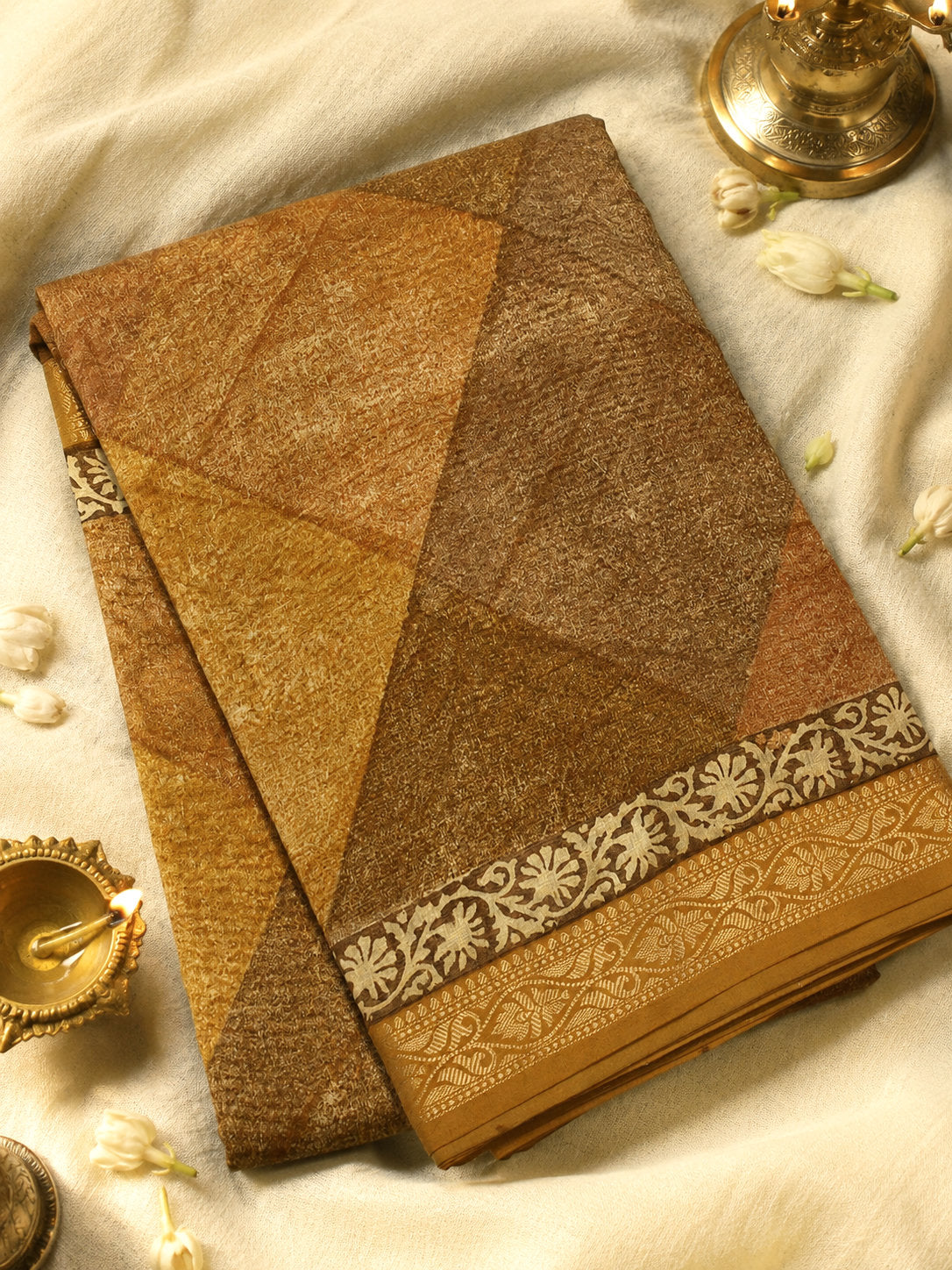 Honey Mustard Pure Silk Cotton Chanderi Maheshwari Banarasi Block Print Saree Designer Zari Border