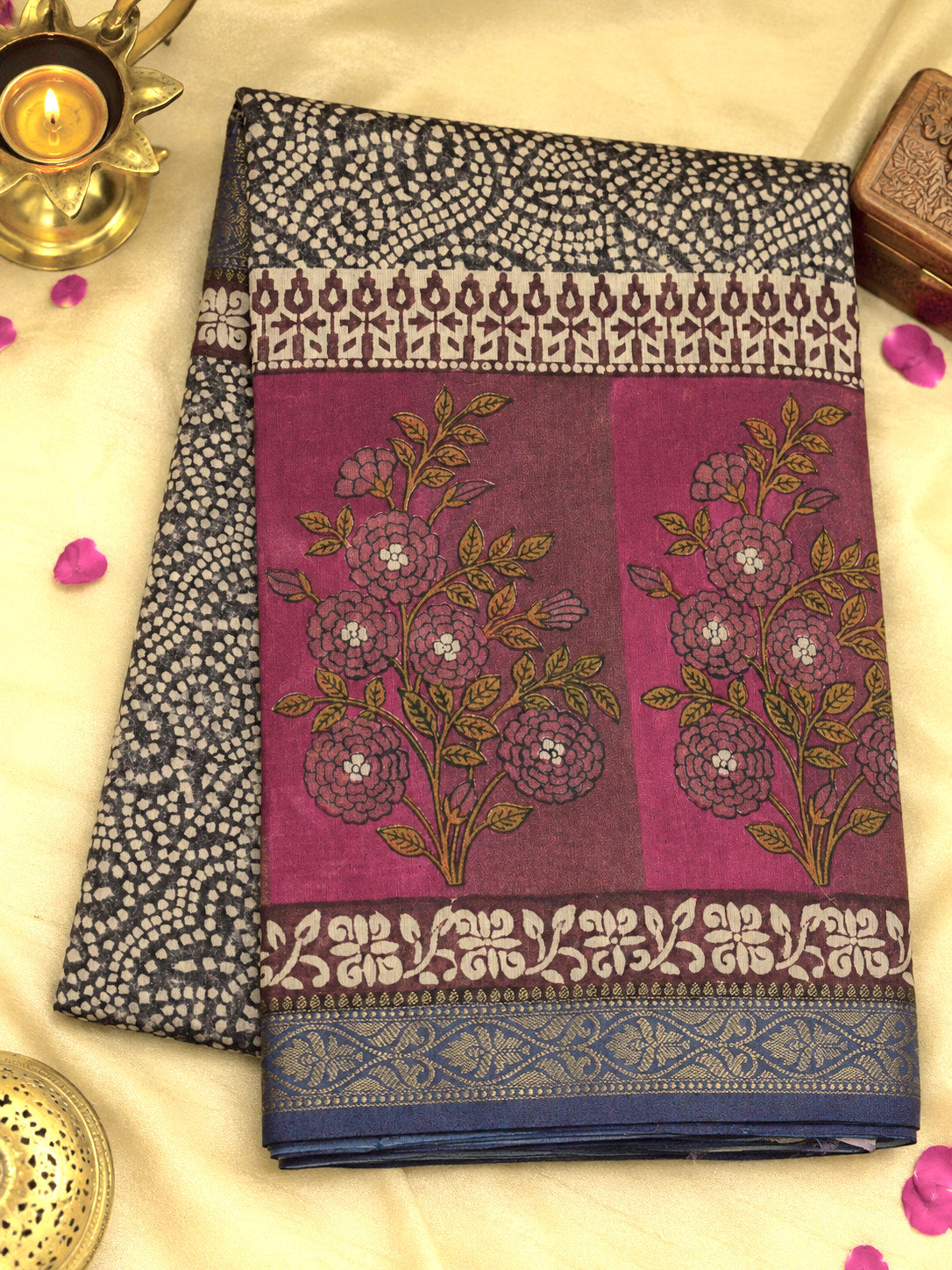 Magenta Pink Pure Silk Cotton Chanderi Maheshwari Banarasi Block Print Saree Designer Zari Border