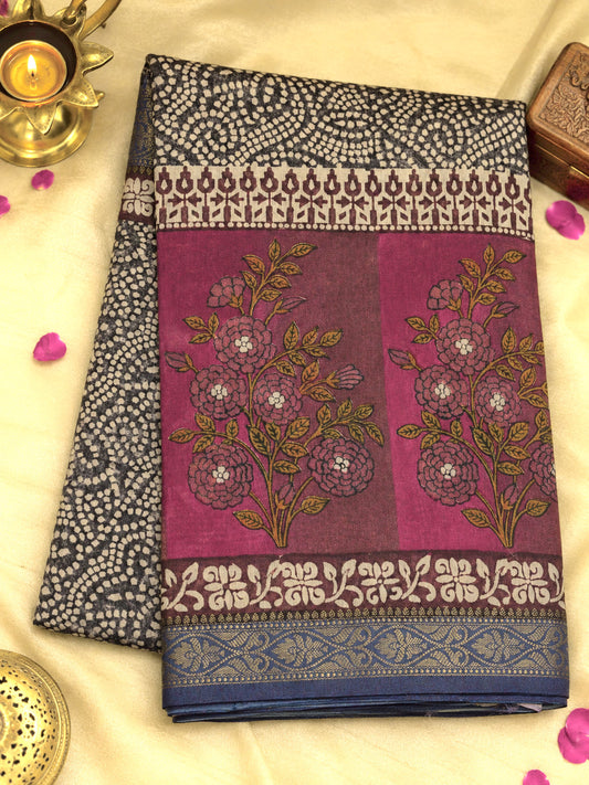 Magenta Pink Pure Silk Cotton Chanderi Maheshwari Banarasi Block Print Saree Designer Zari Border