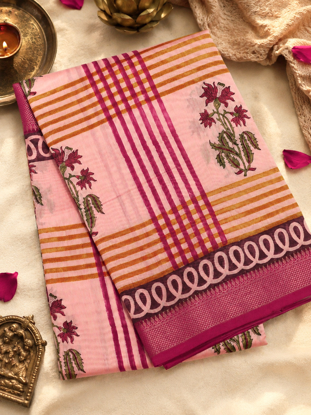 Pink Pure Silk Cotton Chanderi Maheshwari Banarasi Block Print Saree Designer Zari Border