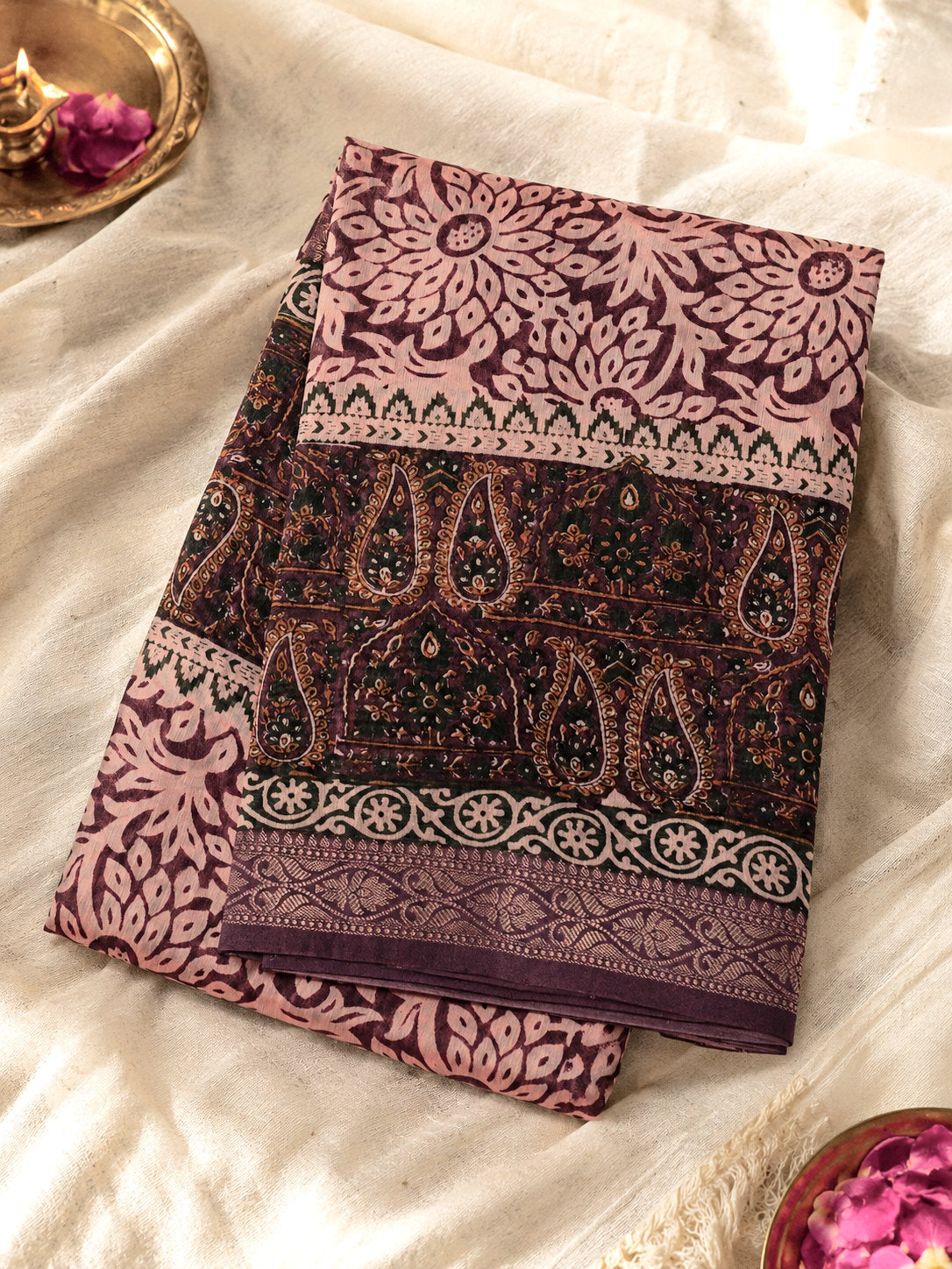Lavandar Purple Silk Cotton Chanderi Maheshwari Banarasi Block Print Saree Designer Zari Border