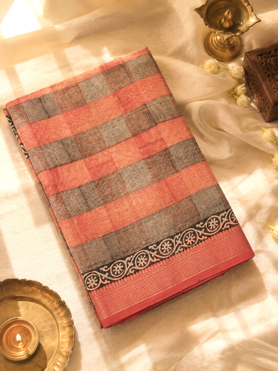 Salmon Peach Silk Cotton Chanderi Maheshwari Banarasi Block Print Saree Designer Zari Border