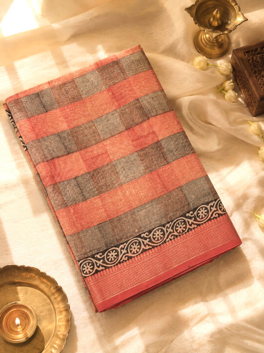 Salmon Peach Silk Cotton Chanderi Maheshwari Banarasi Block Print Saree Designer Zari Border