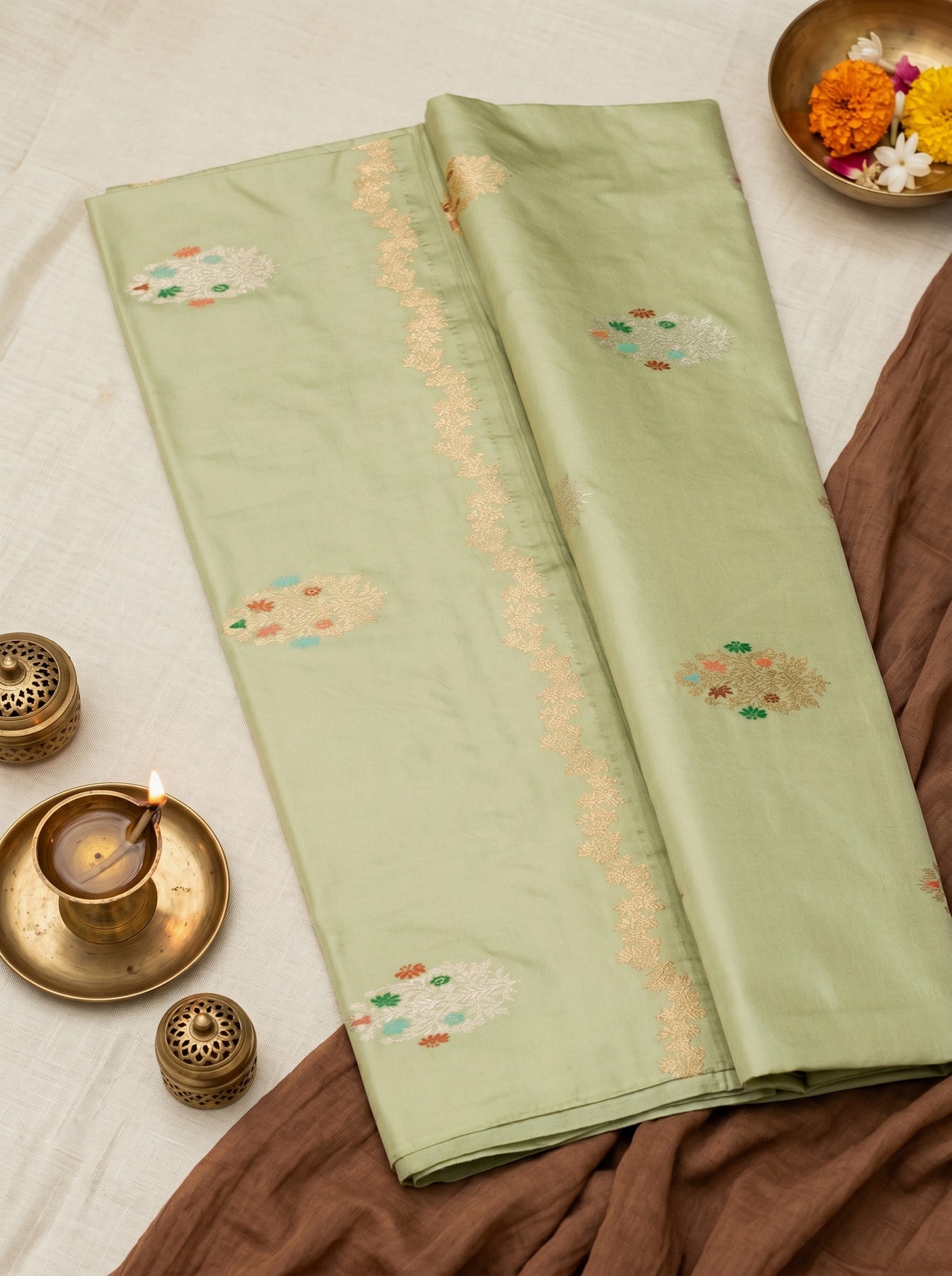 Sea Green Pure Katan Naqshi Satin Silk Handloom Saree with Kadhwa Tilfi Meenakari Gold & Silver Zari Buti