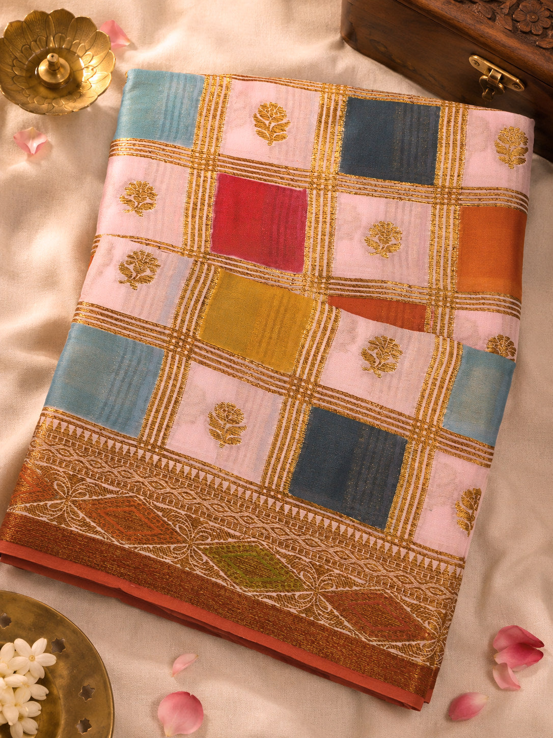 Multicolor Pink Pure Georgette Silk Saree with Hand Brush Work & Antique Zari Weaving