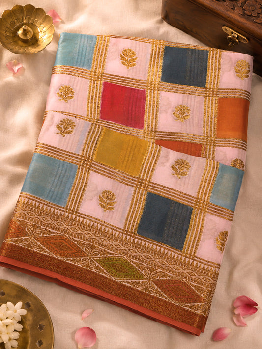 Multicolor Pink Pure Georgette Silk Saree with Hand Brush Work & Antique Zari Weaving