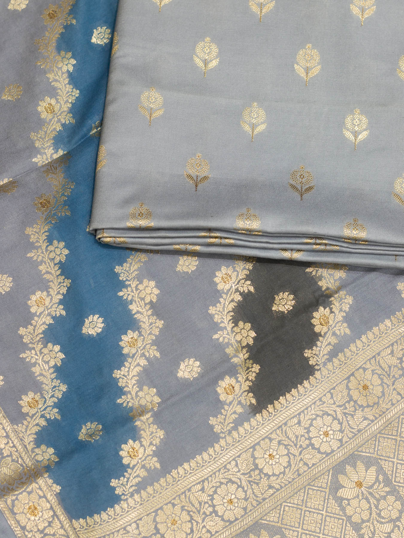 Slate Grey Mulberry Viscose Hand Rangkaat Suit 3 Pcs Set