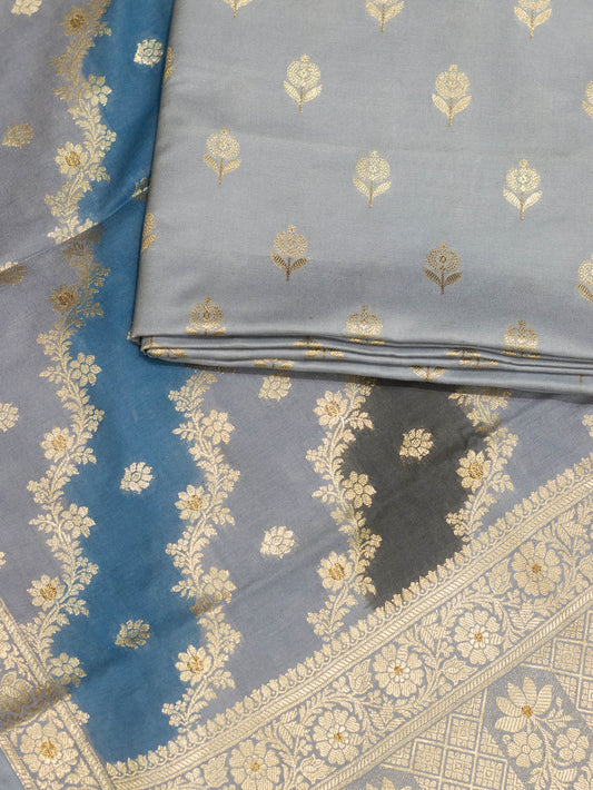 Slate Grey Mulberry Viscose Hand Rangkaat Suit 3 Pcs Set