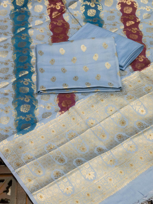 Bluish Grey Mulberry Viscose Hand Rangkaat Suit 3 Pcs Set