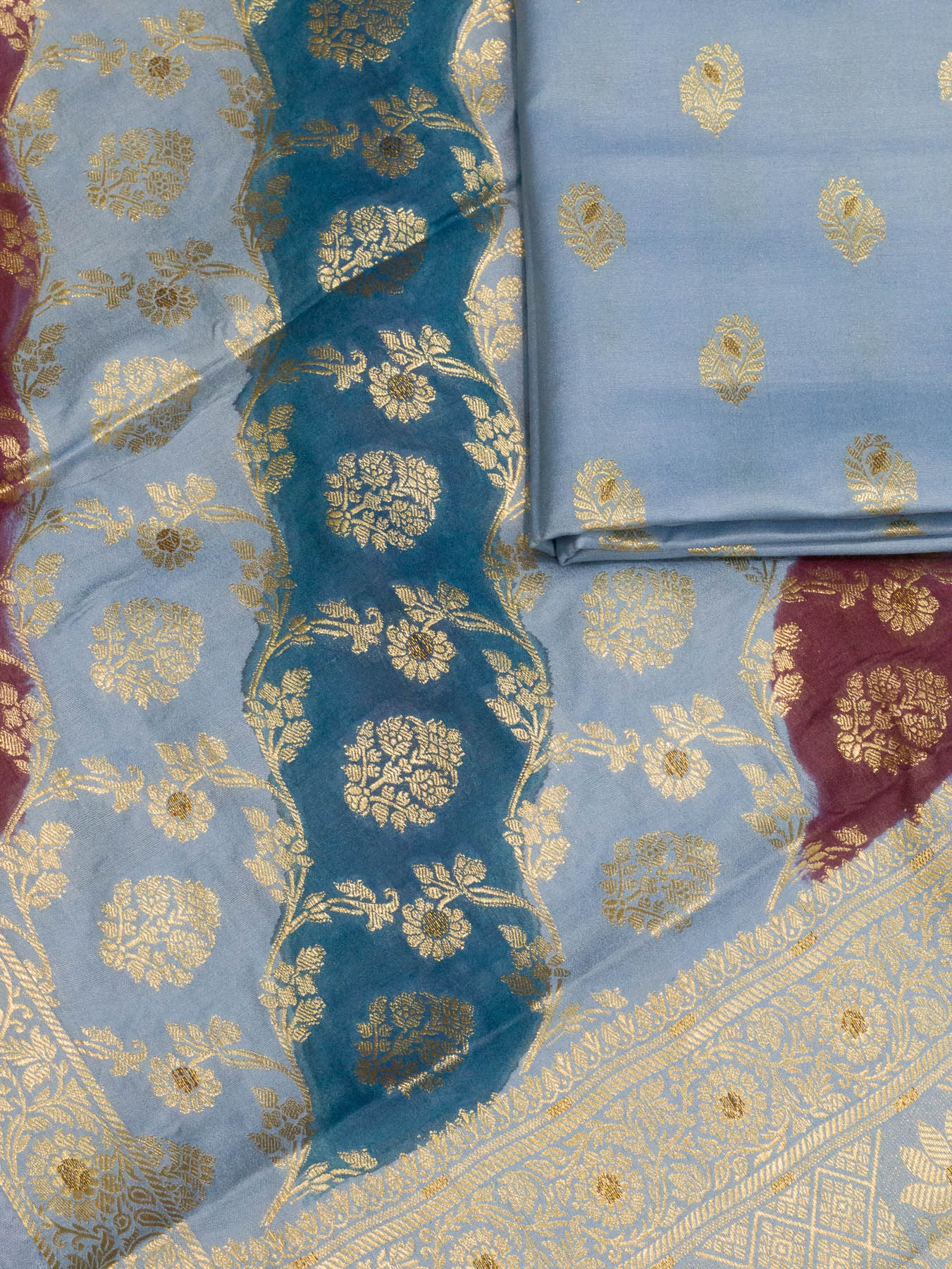 Bluish Grey Mulberry Viscose Hand Rangkaat Suit 3 Pcs Set
