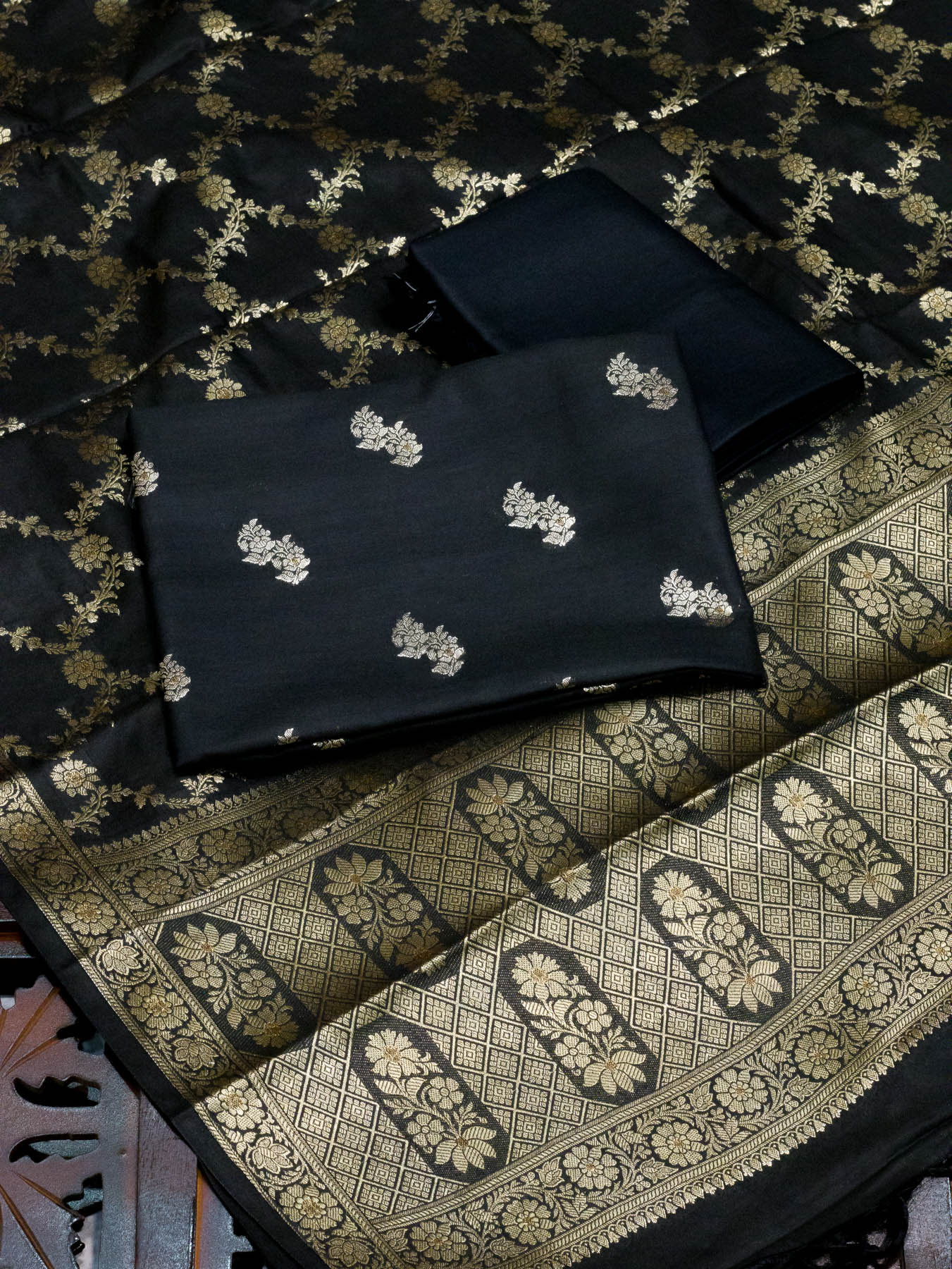 Pitch Black Mulberry Viscose Hand Rangkaat Suit 3 Pcs Set