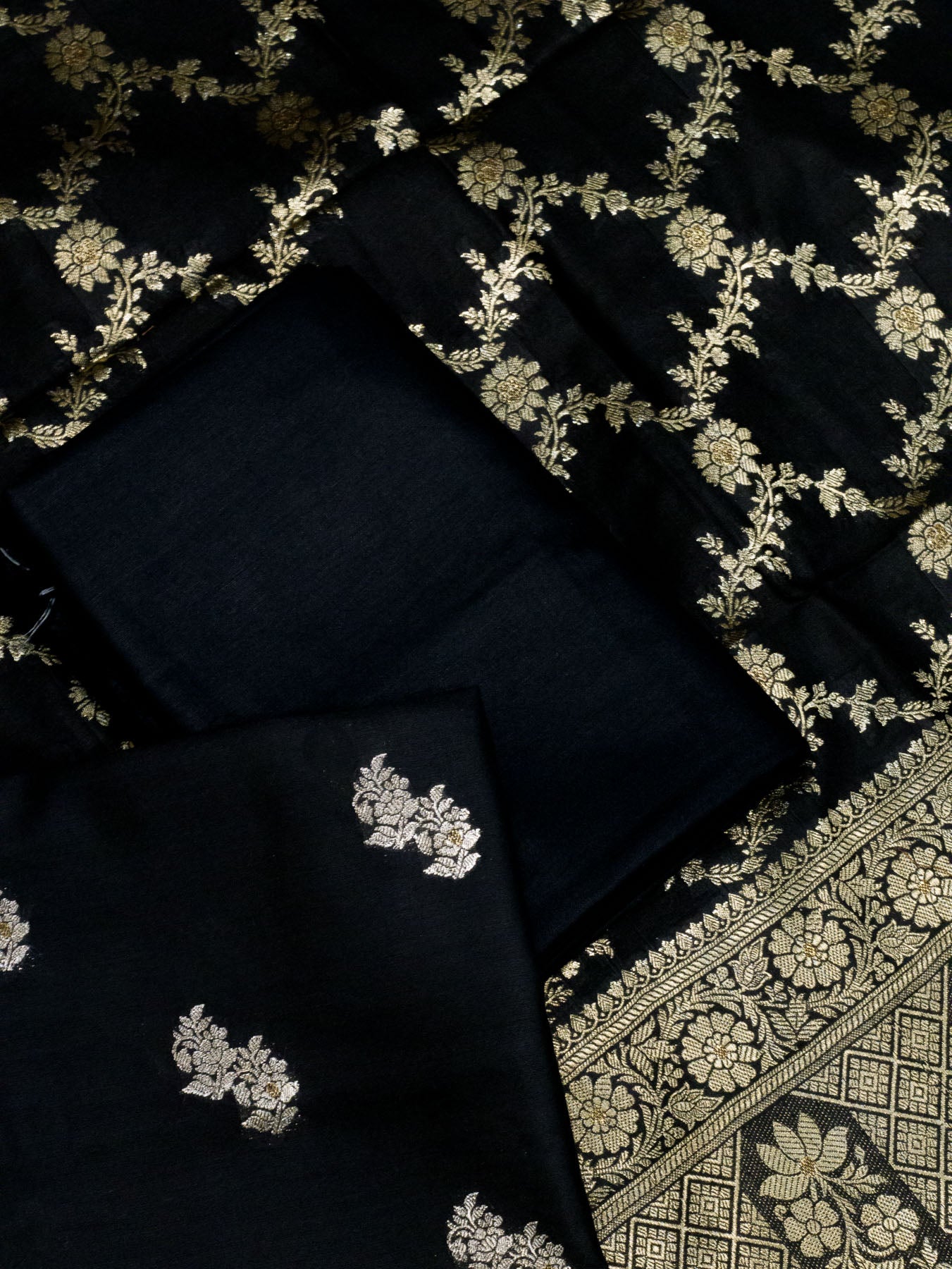 Pitch Black Mulberry Viscose Hand Rangkaat Suit 3 Pcs Set