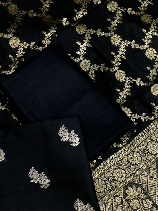 Pitch Black Mulberry Viscose Hand Rangkaat Suit 3 Pcs Set